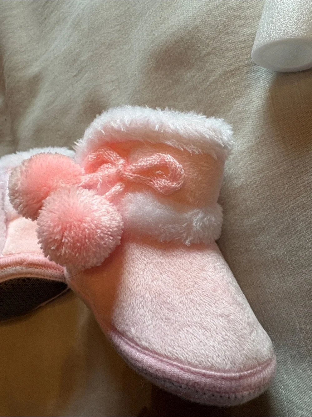 Baby Pink Fuzzy Pom Pom Booties - Infant Walker Shoes - Size 2.5